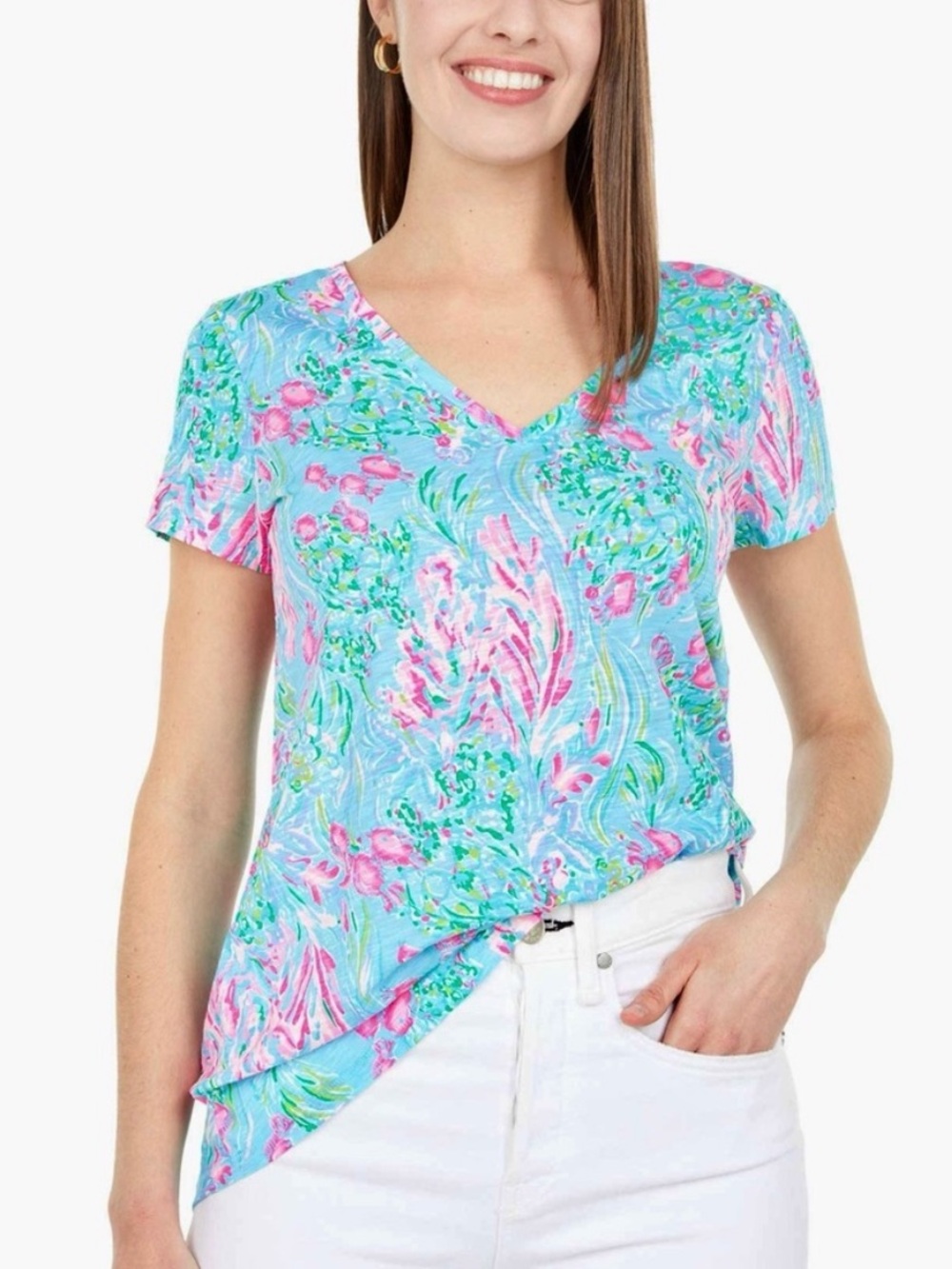 Lilly Pulitzer Etta V-Neck Top in Amalfi Blue Best Fishes